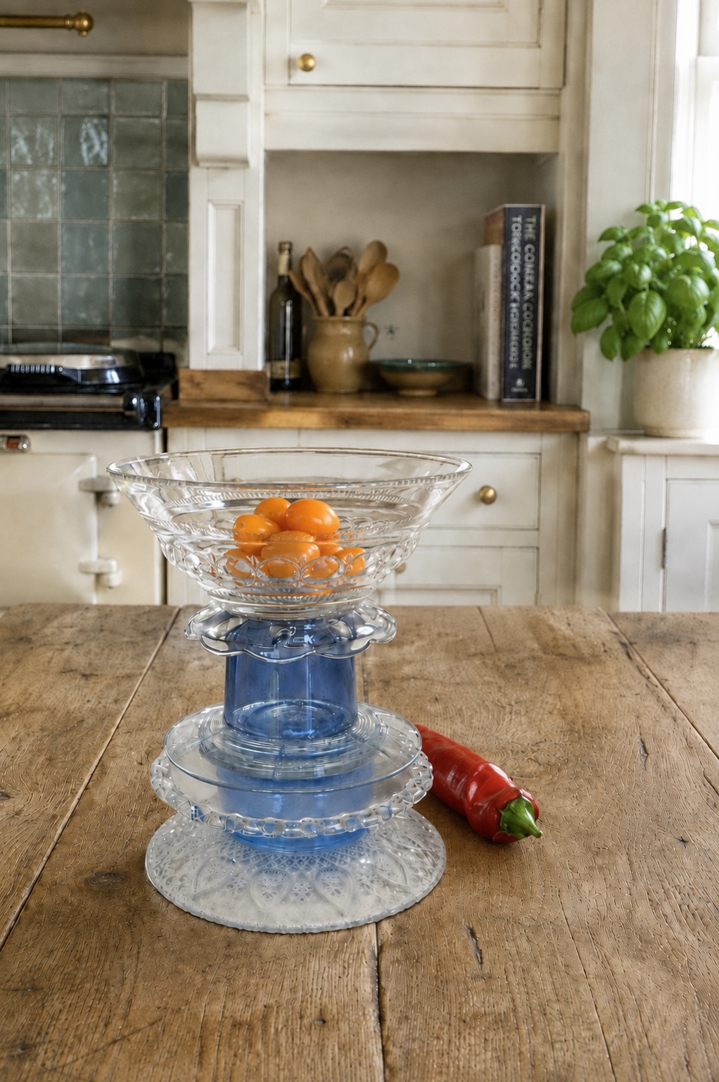 The same blue glass bowl holding oranges in an interior setting