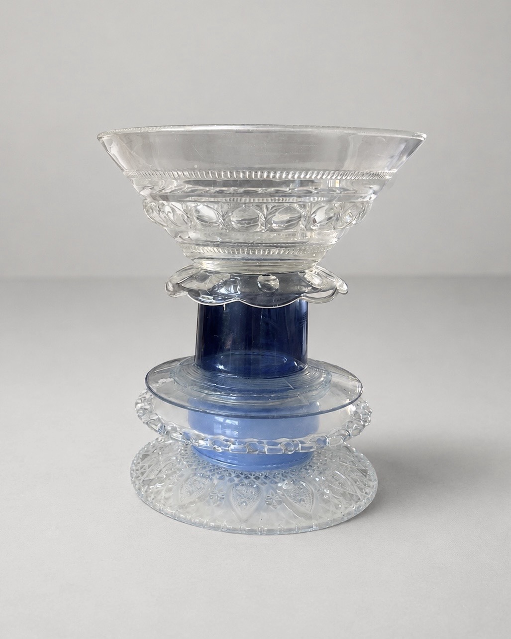 Blue-and-clear glass bowl shown on its own