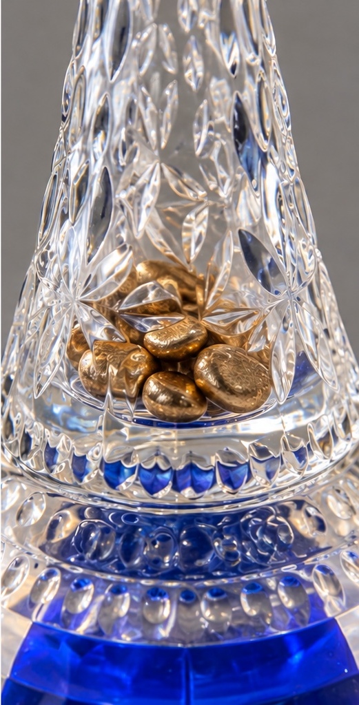 Close view through cut glass to the gold-painted pebbles inside the cobalt candleholder