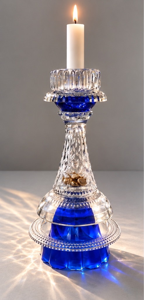 Cobalt-blue and clear cut-glass assemblage candleholder with a lit candle